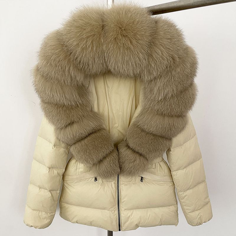 Nuovo stile caldo del commercio estero, giacca corta da donna con collo in vera pelliccia di volpe, giacca in piumino con vita sottile e spessa_voghion.com