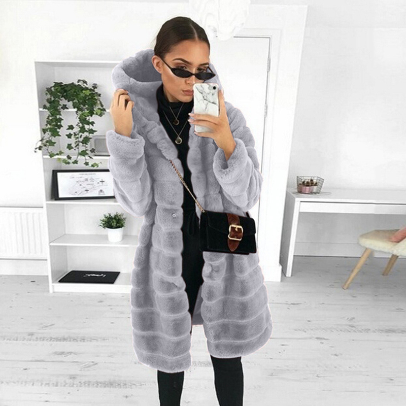Women's Fashion Solid Color Plush Hooded Mid-length Coat_voghion.com