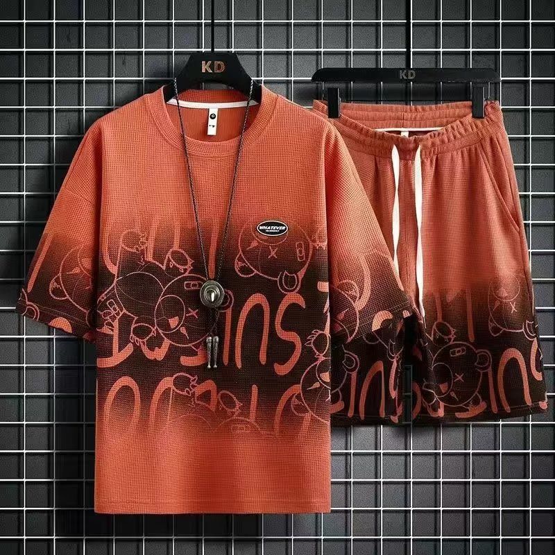Herrenbekleidung Waffel Kurzarm Casual Sportanzug Herren Sommermode Trend Fünf-Punkt-Shorts Marke Gradient Zweiteiliger Anzug_voghion.com