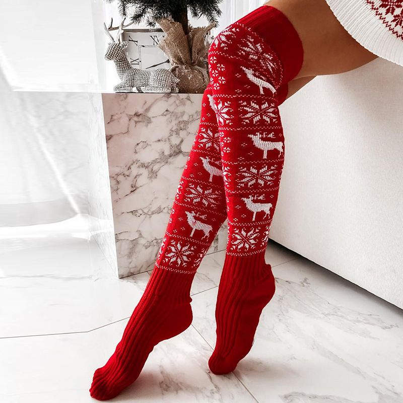 Calcetines largos de tubo hasta la rodilla con diseño navideño de reno y copos de nieve, de lana tejida, 2025d, para mujer_voghion.com