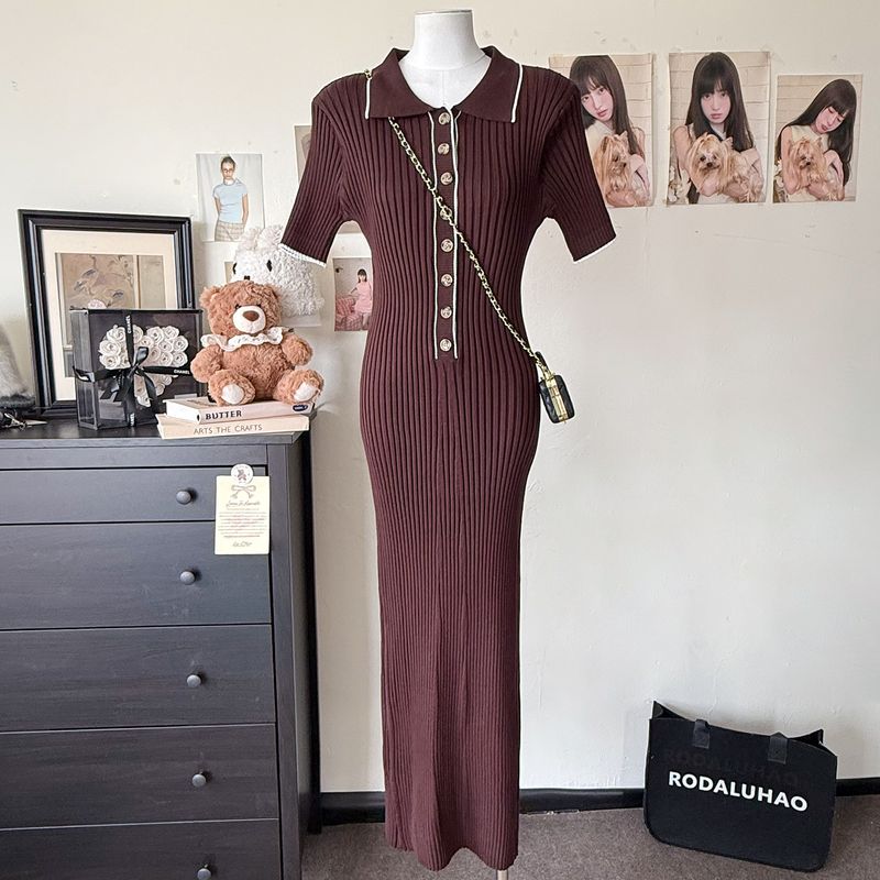 Damenbekleidung Frühling und Sommer Neues einreihiges, eng anliegendes, mittellanges Kleid_voghion.com