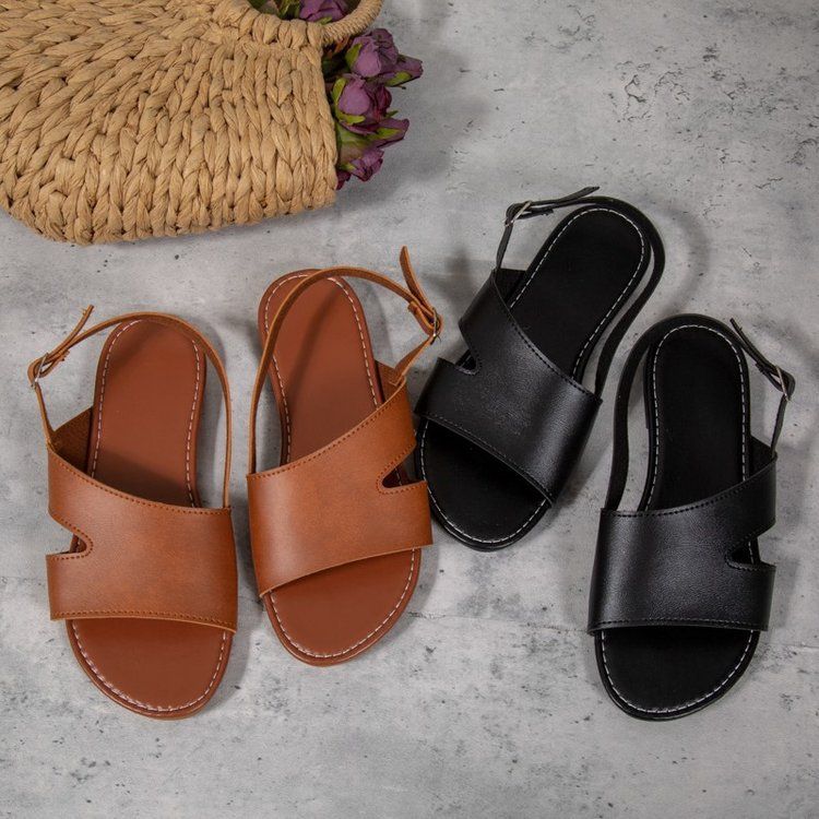 2025 Plus Size Flat Sandals Summer New Item Solid Color Round Head Straight Buckle Strap For Casual Women's Shoes_voghion.com