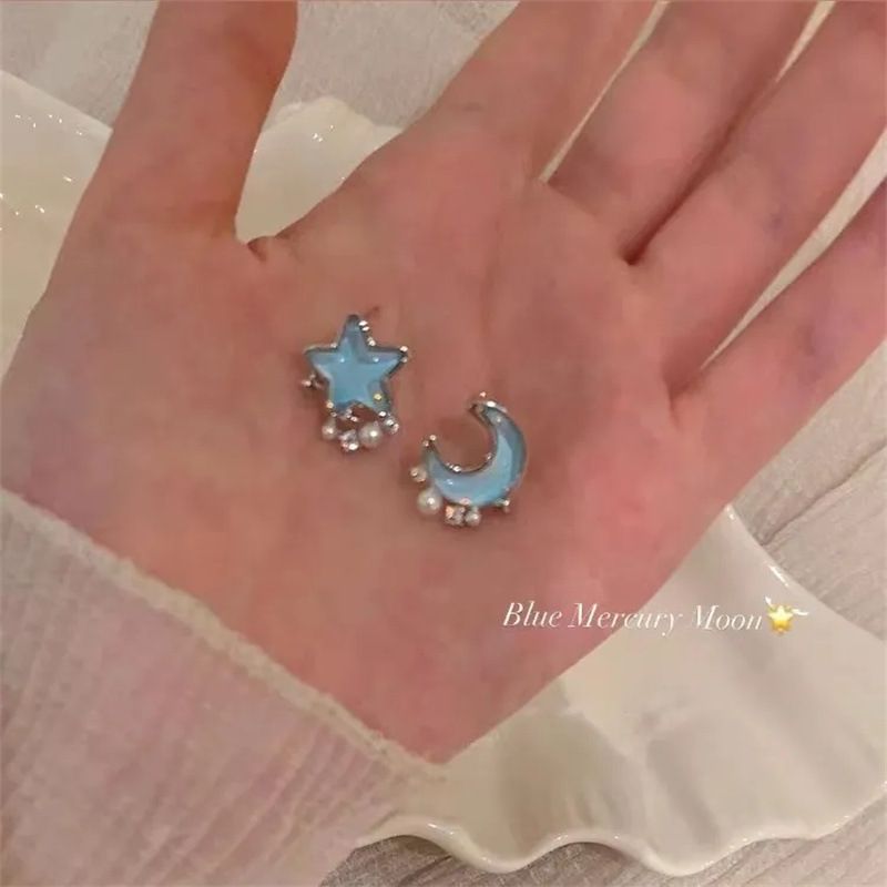 Orecchini di perle con luna stellata blu, sensazione di alta qualità e temperamento squisito, unici con un design di nicchia, orecchini estivi_voghion.com