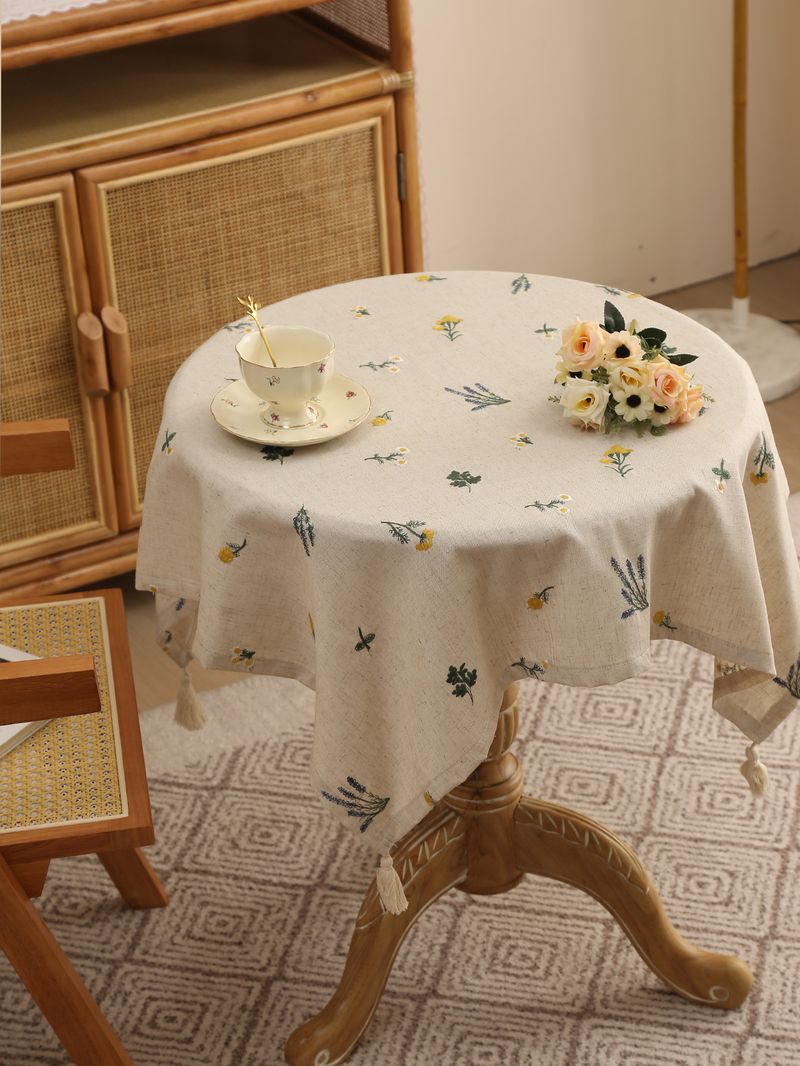 Linen Tablecloth With Lavender Embroidery – 60x60cm & 90x90cm, Natural Fabric, Heat-Resistant, Stylish Home Decor For Dining Table Or Coffee Table_voghion.com