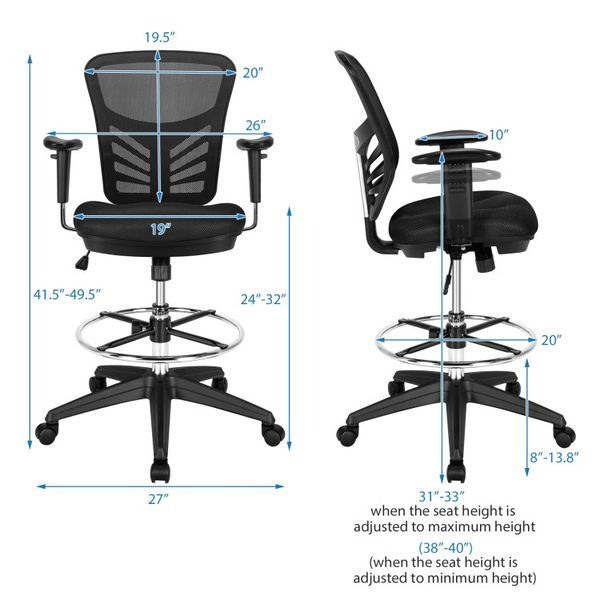 Mesh Drafting Chair Office Chair With Adjustable Armrests And Foot-Ring_voghion.com