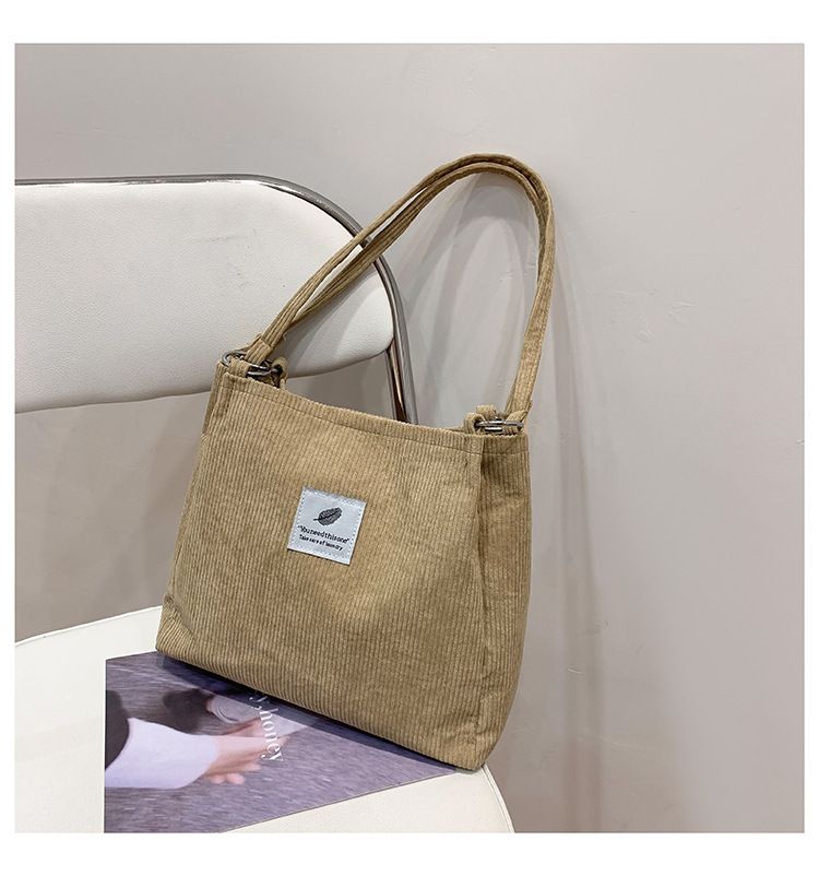 Canvas Bag Women's One-shoulder Korean-style ins Vintage Simple Artistic Corduroy Laid-back Style Large Capacity Portable Shopping Bag_voghion.com