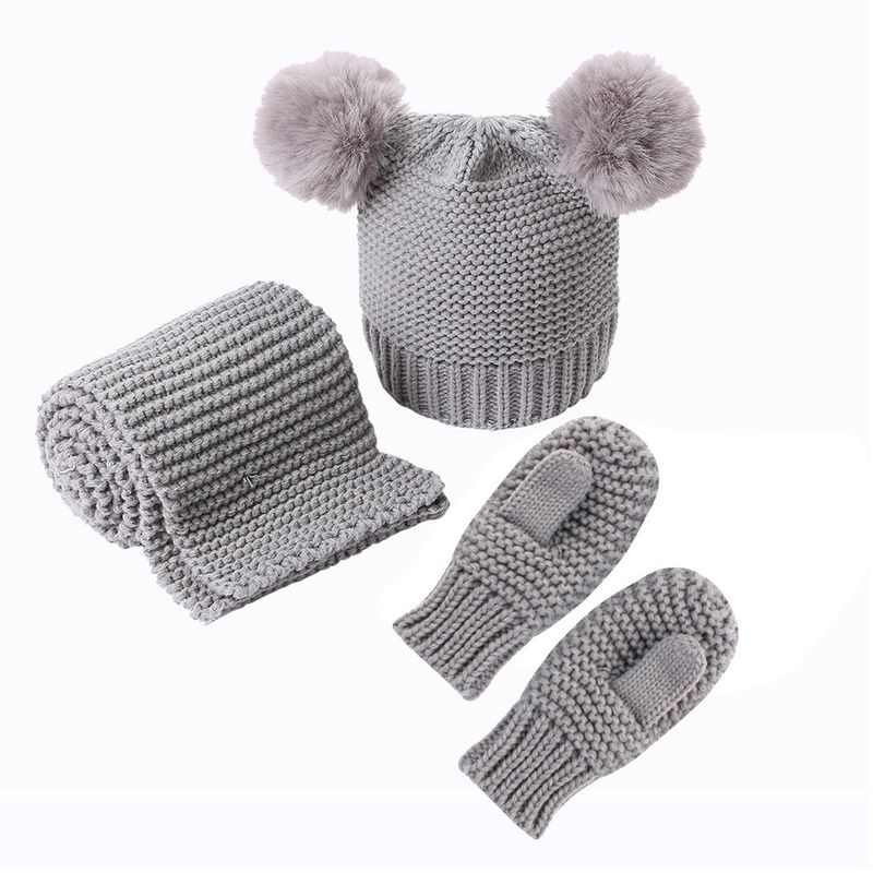 Vêtements pour bébé en laine monochrome, ensemble chaud pour enfants, chapeau, écharpe et gants, trois pièces_voghion.com