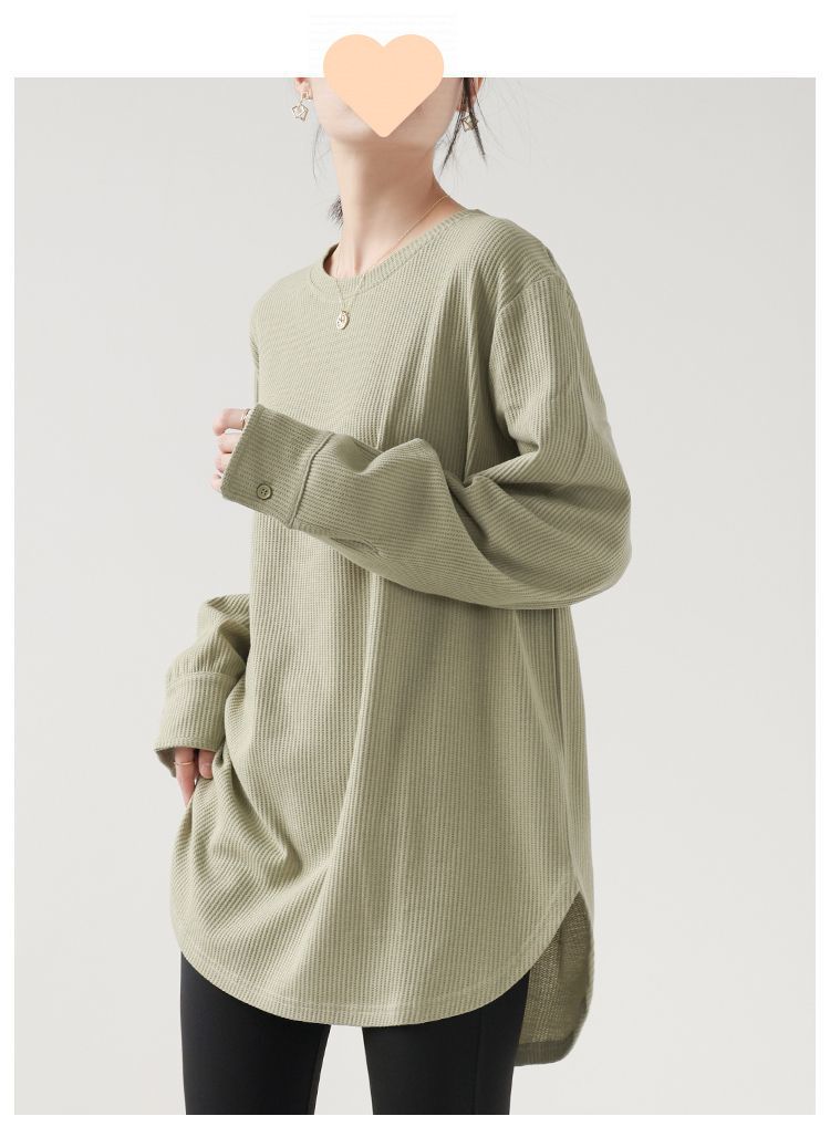 Felpa verde a nido d'ape da donna, da indossare all'interno e all'esterno, con orlo arrotondato, manica lunga, ampia, per primavera e autunno_voghion.com