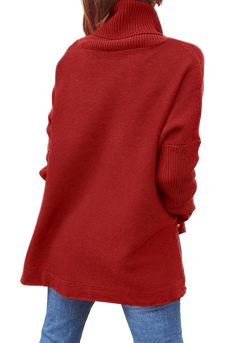 Dametrøje med høj hals, oversized pasform, mellemlang pullover med flagermusærmer, slidskant og bælte_voghion.com