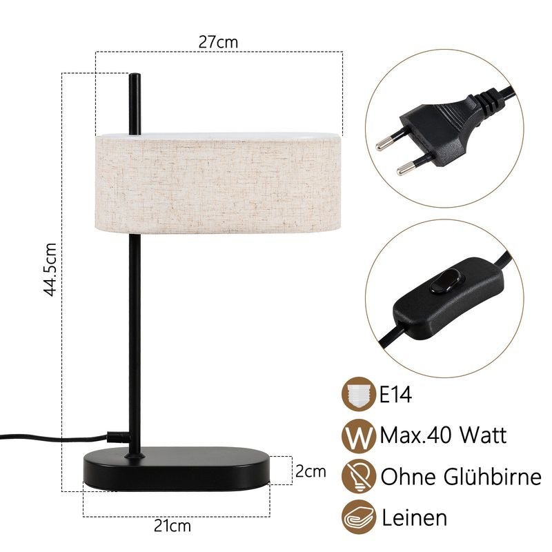 Glitzerlife Nachttischlampe 2ER Schwarz Tischlampe Vintage - 44,5 cm E14 Tischleuchte Leinen Stoffschirm Mit Schalter Kabel Und Stecker Retro Für Wohnzimmer Büro_voghion.com