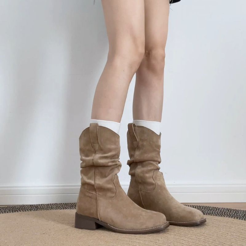 Gravity Shoe Factory Stack Autunno e Inverno Nuove Scarpe da Donna Punta Rotonda Cowboy Occidentale Tacco Spesso Mostra Sottile Mid Top_voghion.com