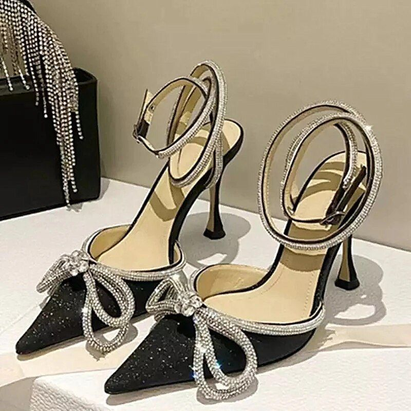 Sandales en Satin à bout pointu pour femmes, avec gros nœud papillon, ficelle, gladiateur, Banquet, fête, mariage, talons hauts, nouvelle collection 2022_voghion.com