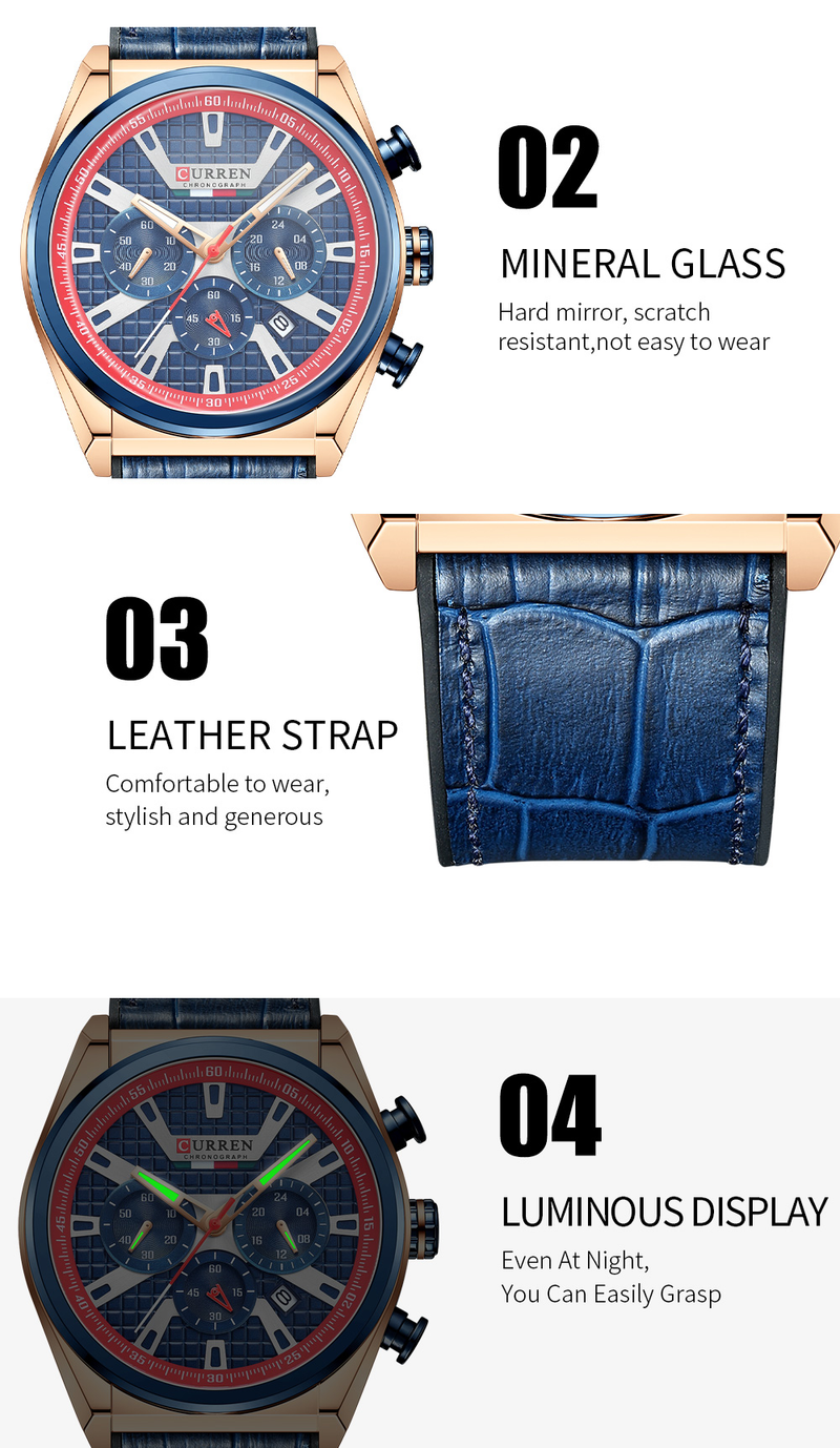 CURREN Wristwatches Quartz Wrist Watch for Men Casual Sports Chronograph Dials Clock with Luminous_voghion.com
