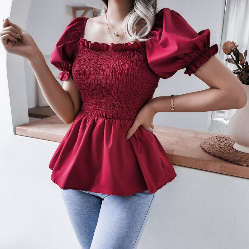 Summer New Casual Lantern Sleeve Hem Ruffle Chiffon Blouse Women's Clothing_voghion.com