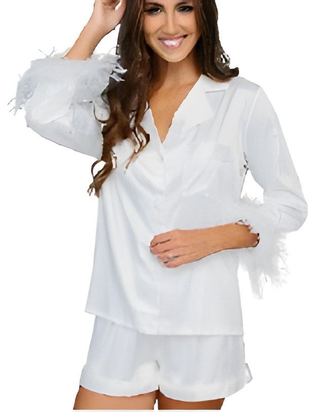 Sleepwears Summer And Autumn New Satin Ice Silk Outerwear Feather Sleeve Two Piece Set Women's Fur Pamas Fashion Home_voghion.com