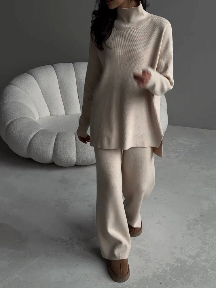 Women's High-Neck Knit Sweater & Pants Set - Long Sleeve Solid Color Lounge Outfit, Elegant Two-Piece Ensemble (Black/Beige, S/M/L/XL)_voghion.com
