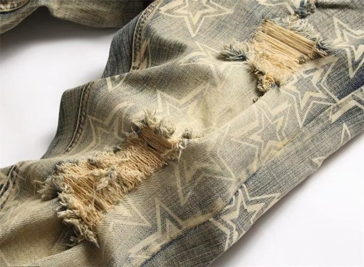 Trendy Printed Denim Suit, Men's Elastic Slim Fit, Perforated Jacket Top, Trendy Patch, Beggar Pants_voghion.com