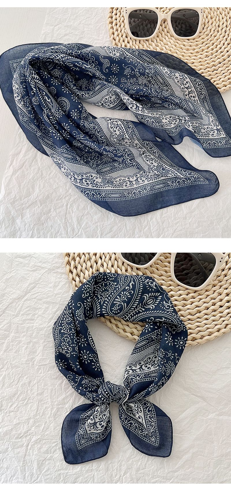 Decorazione da viaggio per donna in cotone e lino quadrato con fiori di anacardi, abbinata a una piccola sciarpa multifunzionale per capelli e borsa_voghion.com