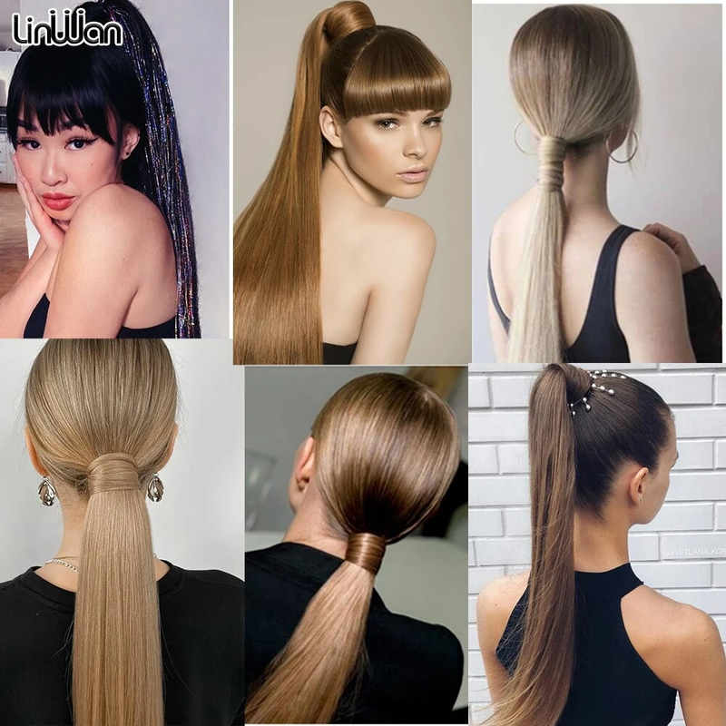 Linwan – Extension synthétique longue et lisse à enrouler avec Clip, queue de cheval pour femmes, faux cheveux résistants à la chaleur, 22 pouces_voghion.com