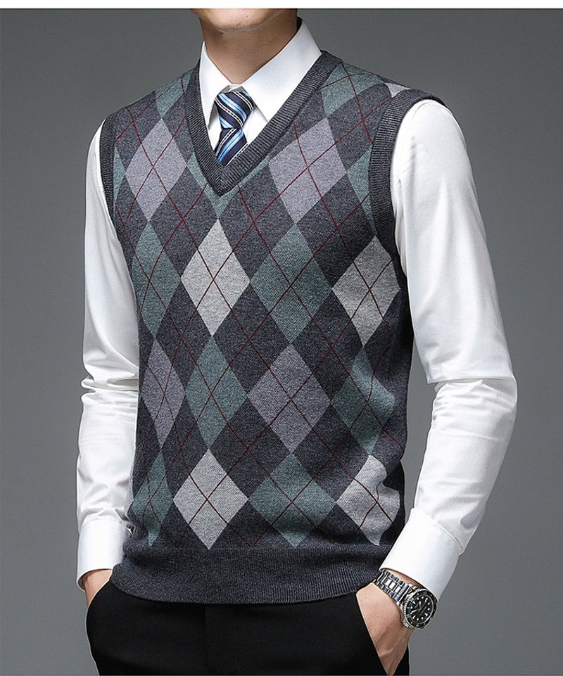 Novo outono designer de moda marca argyle pulôver diamante camisola com decote em v malha colete 6% lã sem mangas roupas masculinas casuais_voghion.com