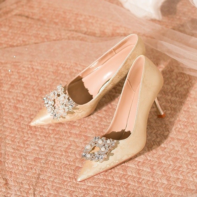 Scarpe da sposa con tacco sottile a punta e strass, perle, da donna, da sposa e da damigella d'onore, per pendolari, con tacco professionale da donna_voghion.com