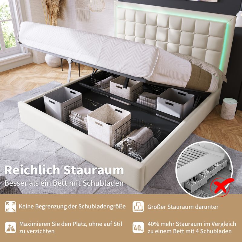 Lit double 140 x 200 cm avec sommier à lattes et rangements, avec bande lumineuse LED, cadre de lit rembourré en similicuir blanc._voghion.com