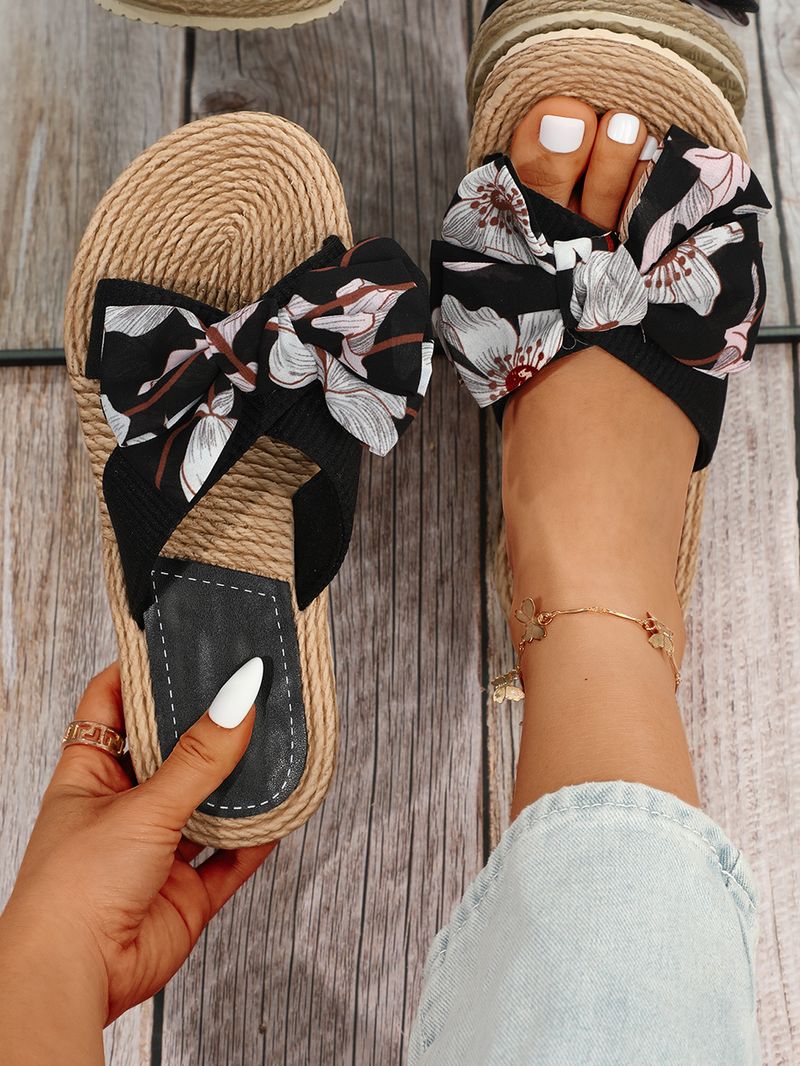 Γυναικεία Παπούτσια INS Χειροποίητα One Word Σχοινί Ψάθινο Υφαντό Four Seasons Νέα ραφές εξωτερικού χώρου Φιόγκος επίπεδη τακούνι παντόφλες για εξωτερικούς χώρους_voghion.com