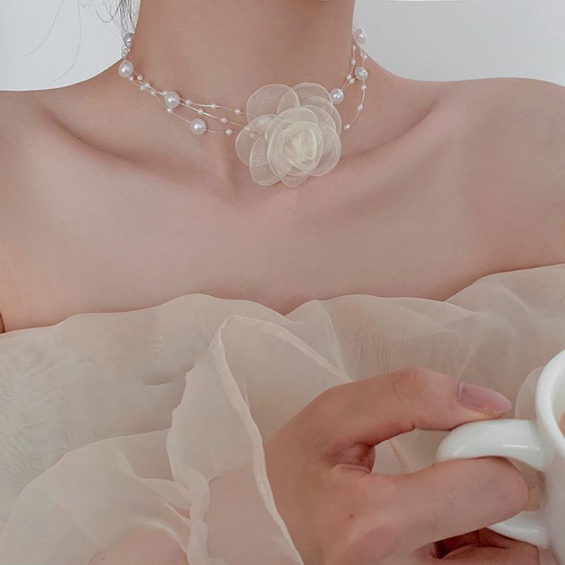 Collier ras du cou en perles roses pour femmes, bijoux exquis, collier romantique français, chaîne de clavicule élégante, cadeau esthétique pour filles_voghion.com
