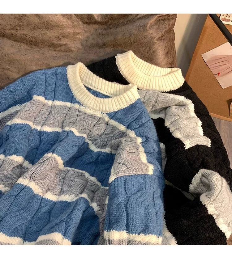 Gestreepte gebreide herentrui – dikke trui met ronde hals van katoenmix (bruin/blauw/zwart, M-XXXL)_voghion.com