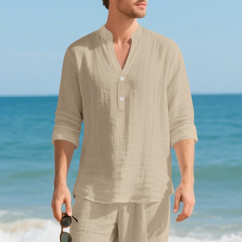 Maglietta a maniche lunghe con scollo a V in lino traspirante per uomo - Vestibilità rilassata, comfort casual, essenziale per l'estate_voghion.com