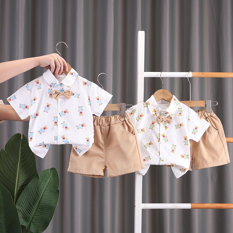 Bos' Fashionable 2024 Summer New Small and Medium Sized Children's Full Print Bear Necktie Shirt Short Sleeve Set_voghion.com