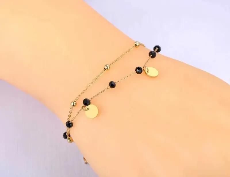 YiKLN Bohemian Titanium Stainless Steel Double Layer Womens Bracelet Original Design Black Crystal Chain Jewelry YB21117_voghion.com