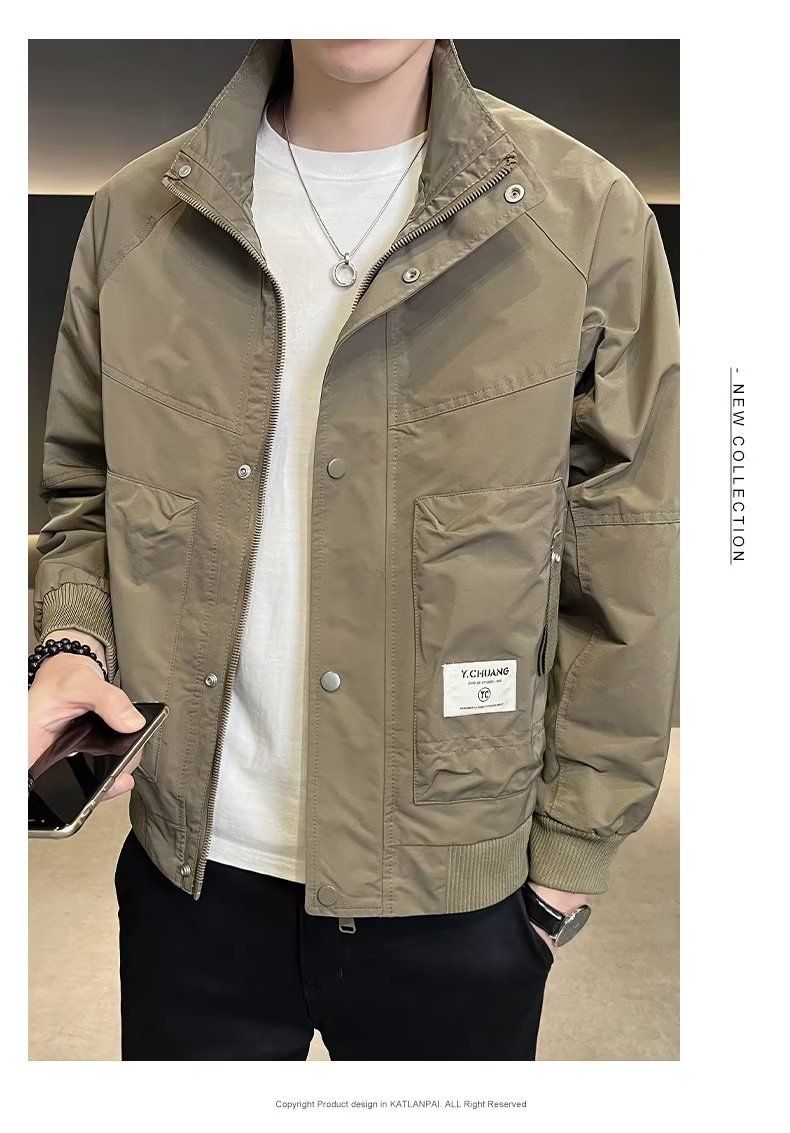 "Herren-Arbeitsjacke mit Stehkragen - Leichter Freizeitmantel aus Polyester mit Reißverschluss und Seitentaschen (Khakigrün/Schwarz, M-3XL)"_voghion.com