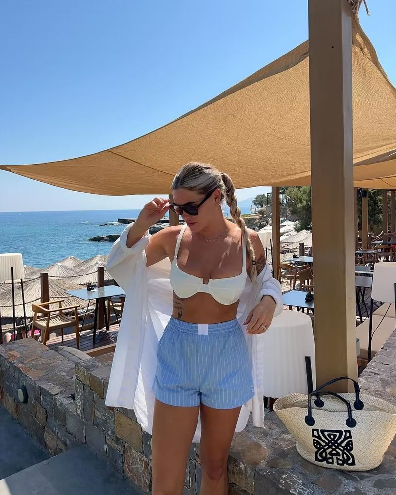 Women's clothing New Women's Striped Contrast Color Shirt Top + Elastic High Waist Shorts Two-piece Set 8BS9697_voghion.com
