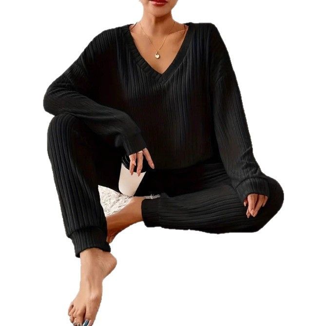 Completo da salotto minimalista in tinta unita – Top oversize con scollo a V e pantaloni larghi, completo casual da donna in due pezzi_voghion.com