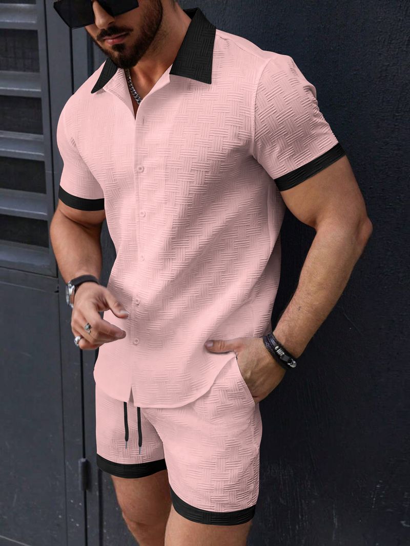 Men's Clothing Summer Men's Shirt Casual Colorblock Short sleeved Shorts Beach Suit_voghion.com