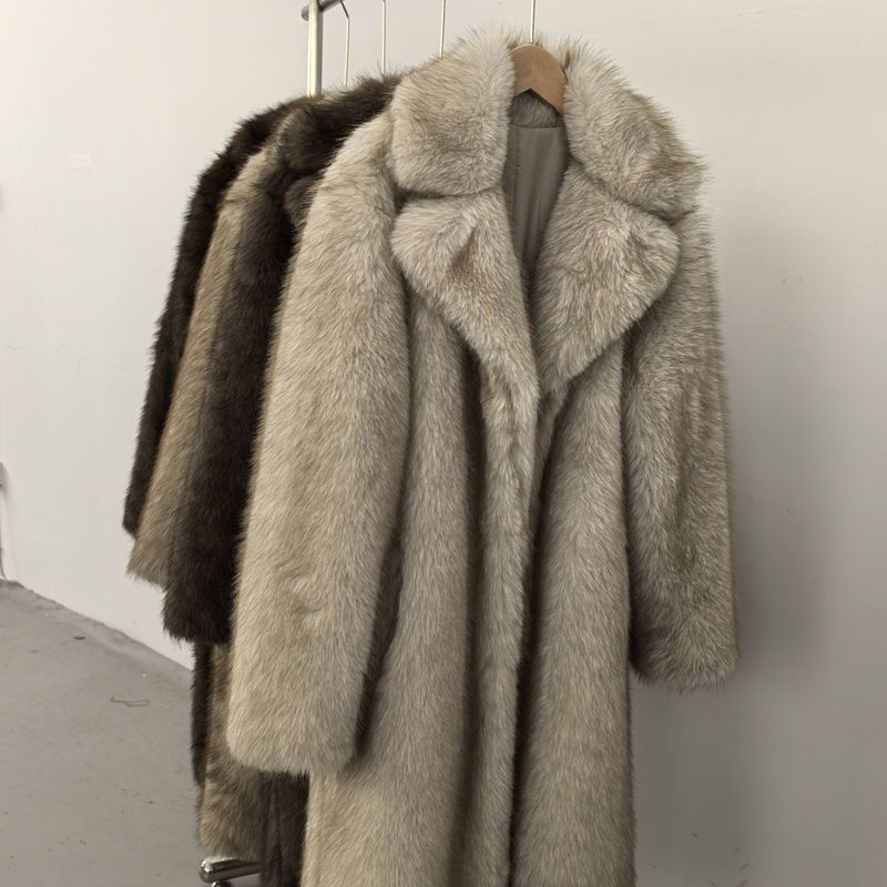 Damenbekleidung Hochwertiger Kunstpelz Umweltfreundlicher Damen Langer Kunstpelzmantel - Elegante Jacke Reverstaschen Individualisierbar_voghion.com
