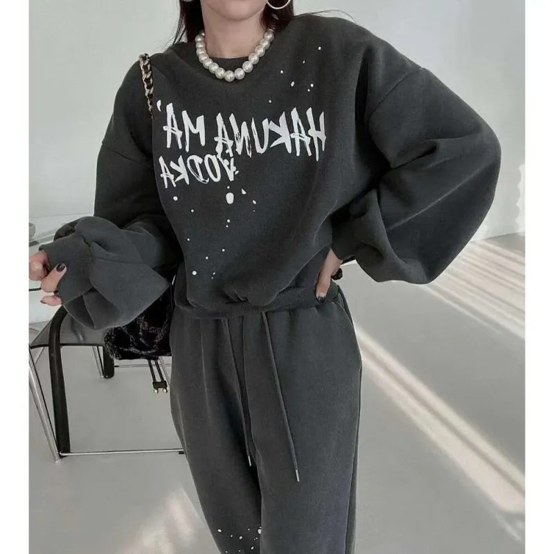 Ensemble deux pièces décontracté et tendance pour femme, printemps-automne, composé d'un sweat-shirt ample et d'un pantalon de jogging._voghion.com