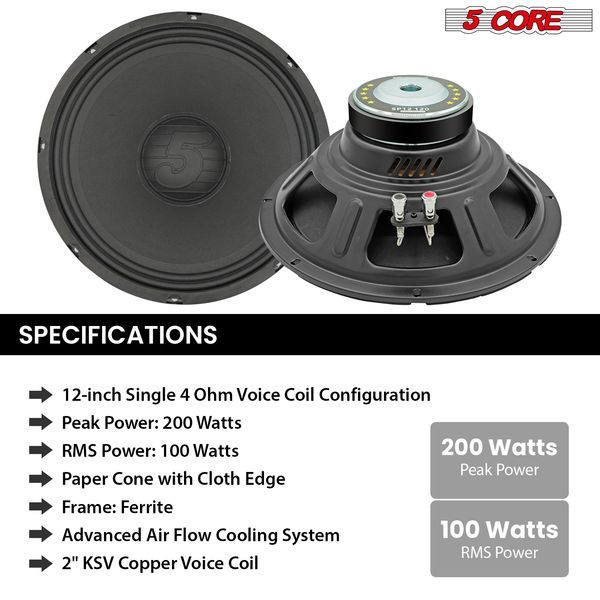 5 Core 12 Inch Speaker 200W Car Audio Loudspeaker 4 Ohm Replacement Driver W 30 Oz Y30 Magnet For Vehicle Sound System - SP 12120 4OHMS_voghion.com