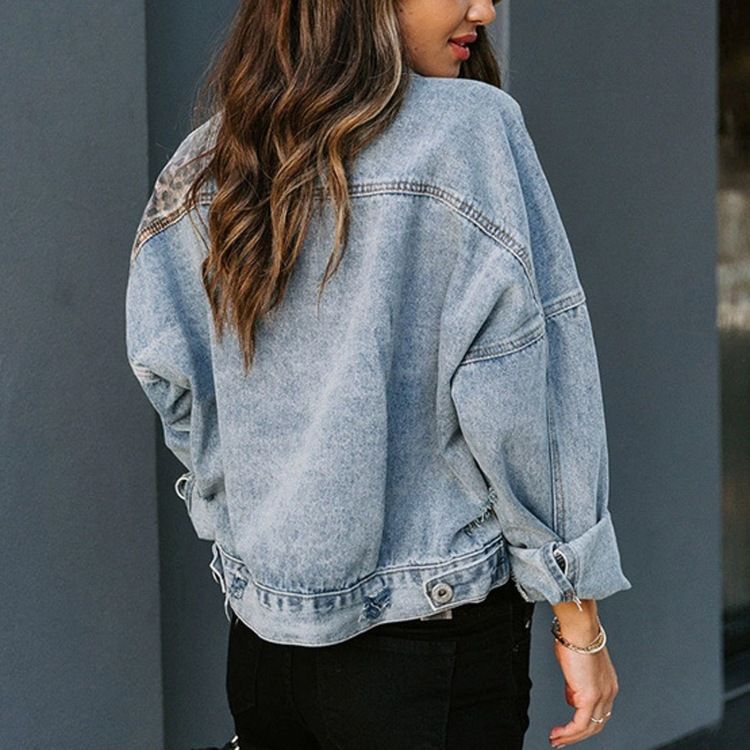 Damenbekleidung Jeansjacke Damen Langarm Jeansjacke Mantel Damen Leopardenmuster Nähte_voghion.com