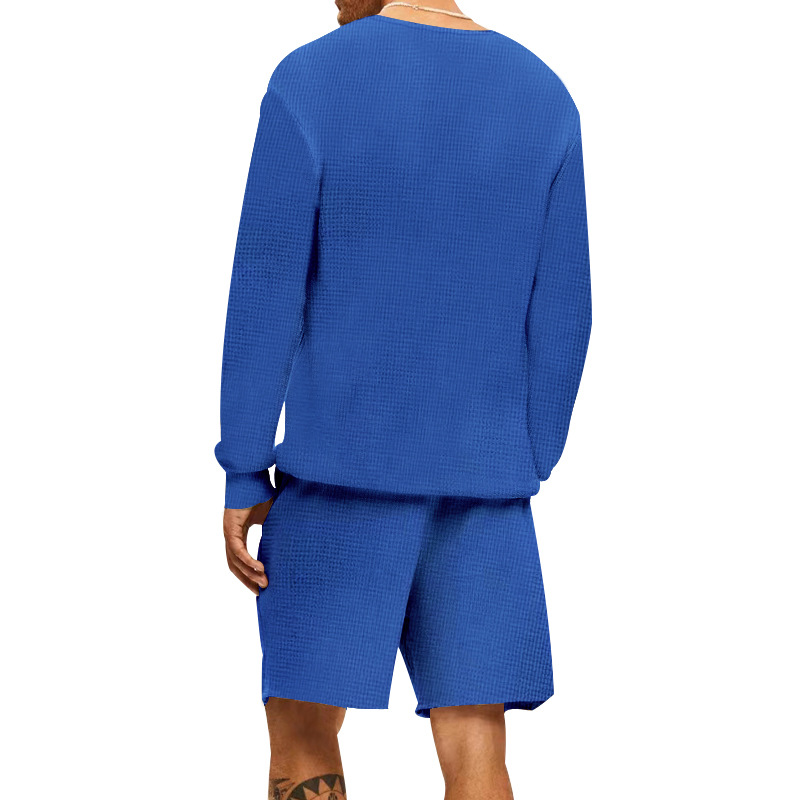 Waffle T-shirt Summer Men's Casual Sports Long Sleeve Shorts Two Piece Set for Men_voghion.com