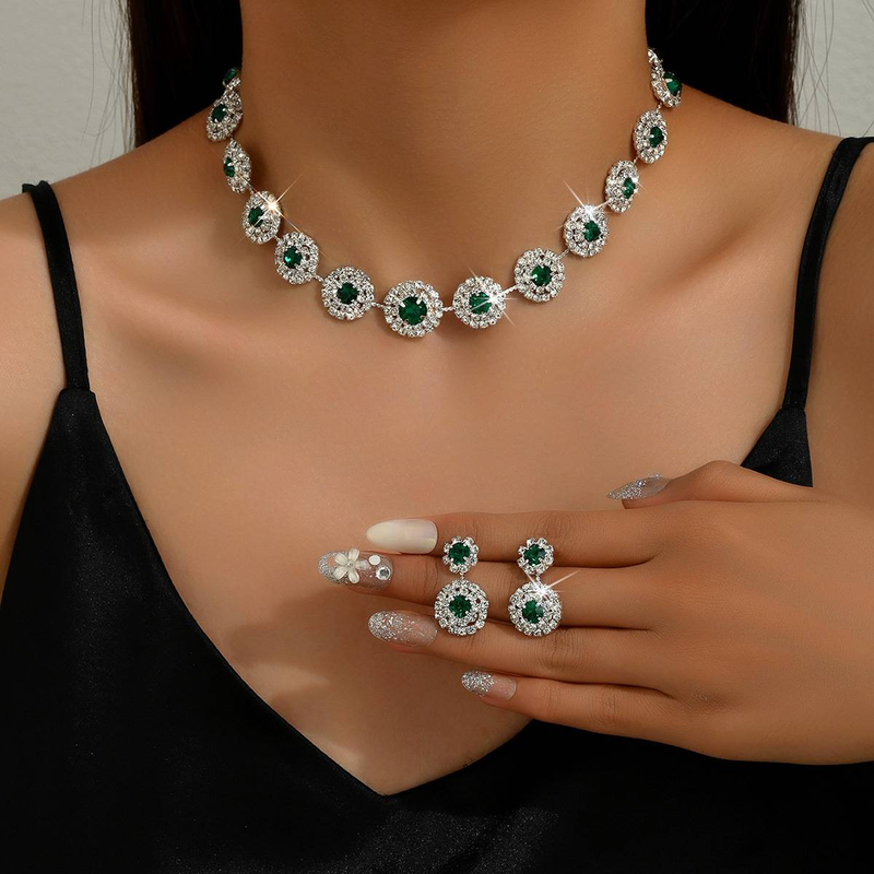 2 STÜCKE Beliebte Schmuck-Set Luxus Hochzeit Party frauen Schmuck Runde strass Halskette Ohrring Set_voghion.com