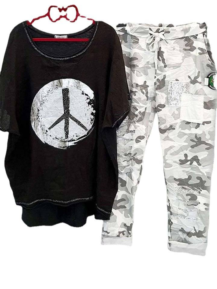 Vêtements pour femmes Nouveau T-shirt imprimé à col rond à manches courtes Pantalon de style occidental Costume deux pièces_voghion.com