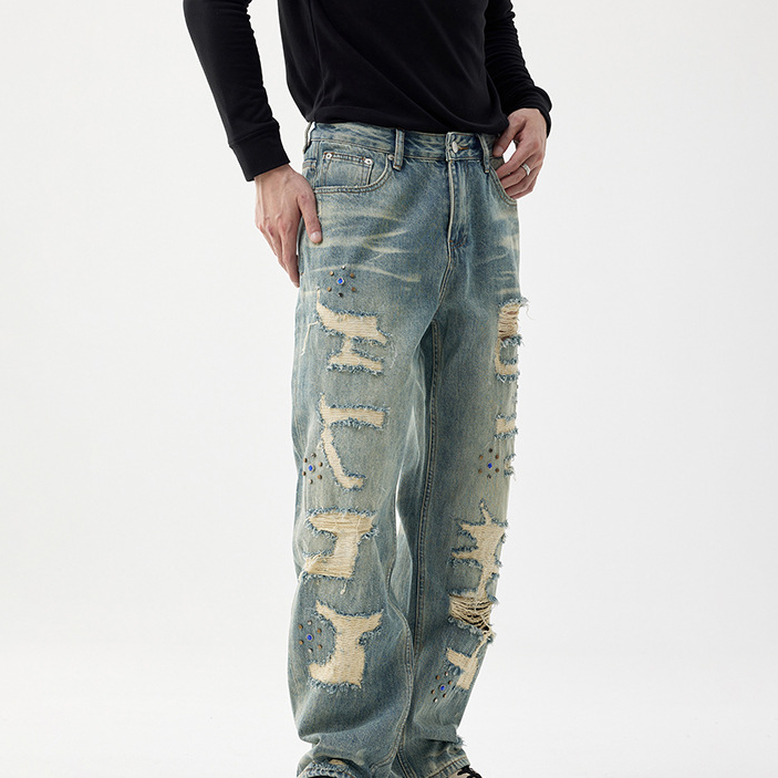Roupas masculinas com contas personalizadas, jeans rasgado e lavado, calças retas e soltas de rua para homens_voghion.com