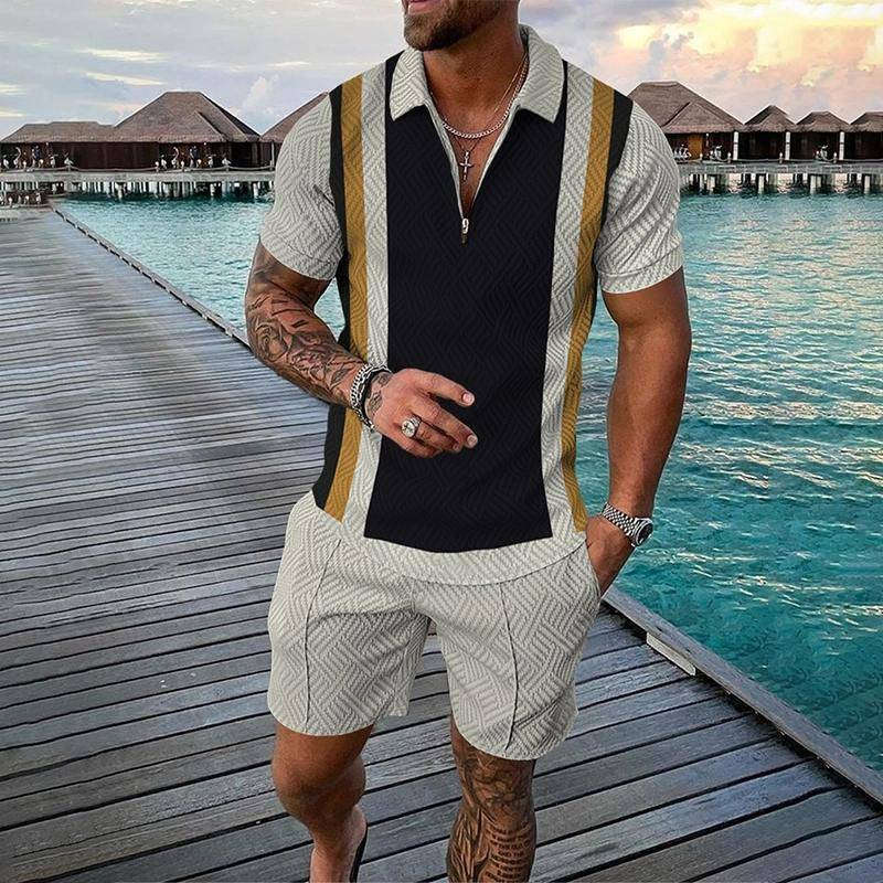 Neues modisches Poloshirt-Set mit Reißverschluss für Herren, lässig, mit 3D-Druck, kurzärmelige Hemden und Shorts_voghion.com