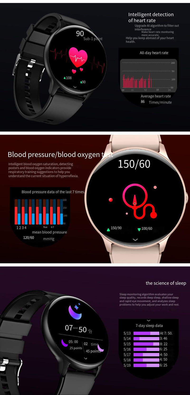 HDT6 Smart Watch HD Rond Scherm Aangepast Achtergrond Hartslag Slaapmonitoring Elektronische Sport Stappenteller_voghion.com