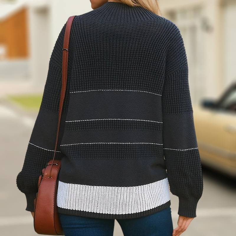 Pull rayé assorti pour femme, automne et hiver, col roulé, manches longues, boutons, tricot_voghion.com