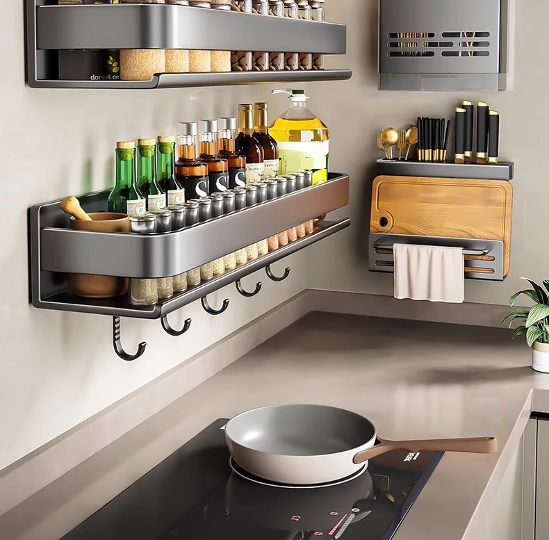 Gun Grey Kitchen Wall Organizer – No-Drill Spice Rack, Multi-Layer Shelf For Condiments, Utensils & Cutting Boards (Rustproof Carbon Steel)_voghion.com