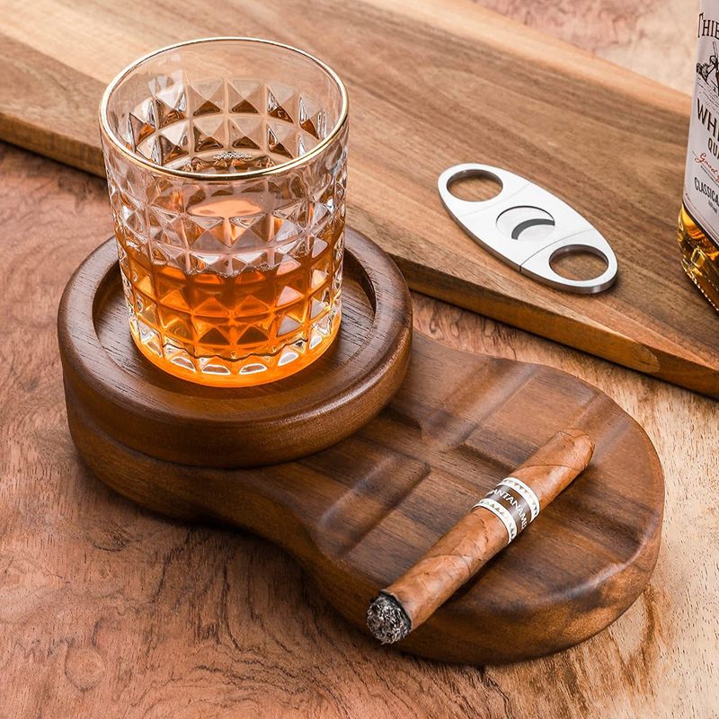 Wooden Cigar Ashtray With Rotating Lid, Whiskey Glass Holder, Windproof Covered Ashtray For Cigars & Whiskey Lovers_voghion.com