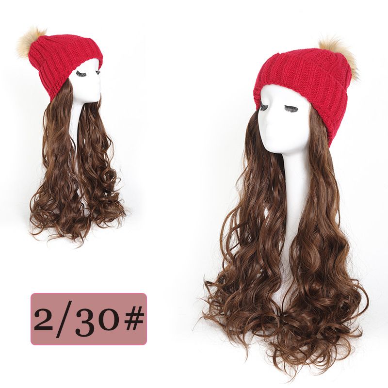 Cappello lavorato a maglia da donna, cappello a palla di lana, parrucca in fibra chimica, 45 cm più velluto, cappello invernale in lana_voghion.com